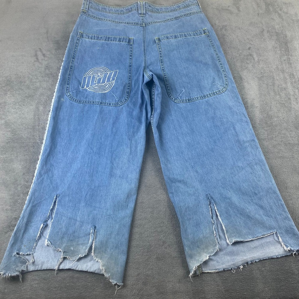 A.Lab Men 40 Jeans Blue Wide Leg Embroidered Side Stripe Raw Hem Baggy Y2K Style